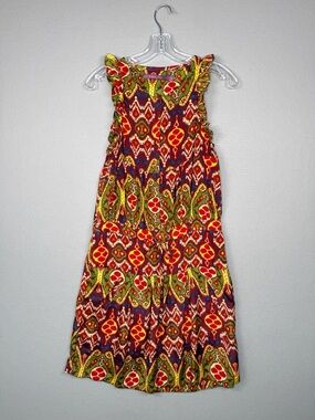 VTG‎ RAPSODIA Ikat Print Dress Size XXS Red Sleeveless Ruffle Bohemian Ethnic
